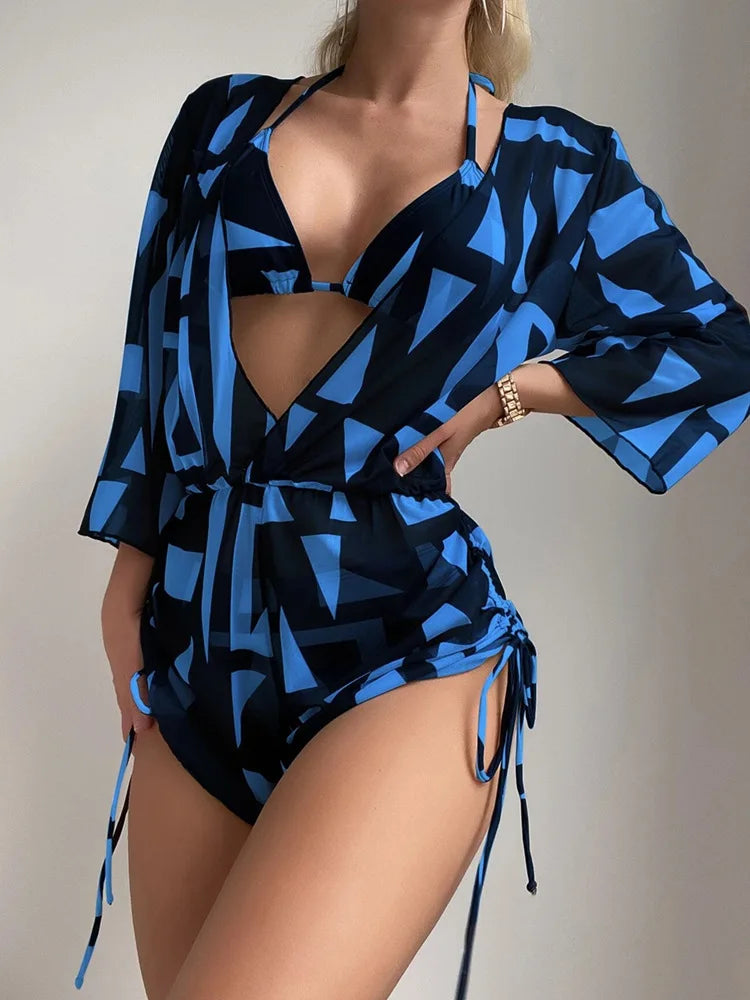 Swimwear- Bikini Set Size Swimsuit Women Long Sleeve Cover Up Print