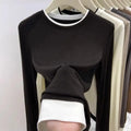 Contrasting Splicing Long Sleeved Round Neck T-shirt Base Shirt Warm TSPECIFICATIONSBrand Name: NoEnName_NullStyle: Office LadyAge: MIDDLE AGEOrigin: Mainland ChinaCN: GuangdongSeason: Autumn/WinterClothing Length: regularDecoration: PDMEwomenstorenull