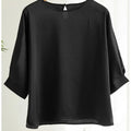 Blouse- Silk Half-Sleeve Tops Basic Solid Women Shirt Casual O-neck