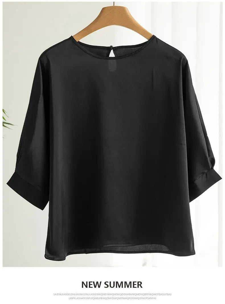 Blouse- Silk Half-Sleeve Tops Basic Solid Women Shirt Casual O-neck