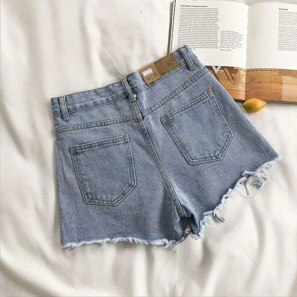 High Waist Denim Shorts for Women A-line Solid Color Ripped Button ZipSPECIFICATIONSBrand Name: SANWOODDecoration: ButtonFabric Type: blendedPant Style: regularPattern Type: SolidFit Type: regularStyle: CasualMaterial: COTTONMaterial: DMEwomenstorenull