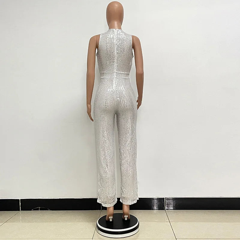 Sleeveless Sequined Jumpsuit Round Neck Slim Fit High Waist Sexy SprinSPECIFICATIONSBrand Name: mandylandyStyle: StreetwearAge: MIDDLE AGEOrigin: Mainland ChinaCN: GuangdongSeason: SummerMaterial: POLYESTERDecoration: SequinedFabric TyDMEwomenstorenull