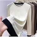 Contrasting Splicing Long Sleeved Round Neck T-shirt Base Shirt Warm TSPECIFICATIONSBrand Name: NoEnName_NullStyle: Office LadyAge: MIDDLE AGEOrigin: Mainland ChinaCN: GuangdongSeason: Autumn/WinterClothing Length: regularDecoration: PDMEwomenstorenull