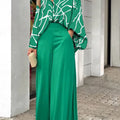 2-Pieces Set Print Blouse Solid High Waist Wide Leg Pants Elegant Lady