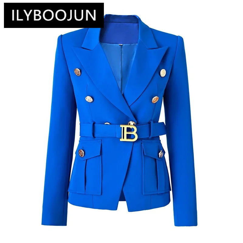 Luxury blue double-breasted women's blazer with pockets and notched collar.