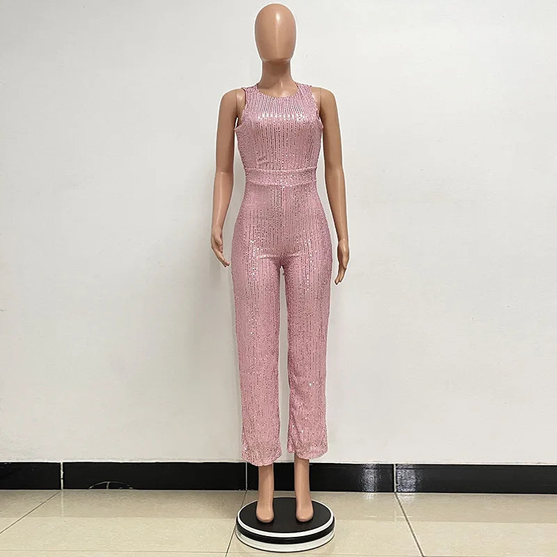 Sleeveless Sequined Jumpsuit Round Neck Slim Fit High Waist Sexy SprinSPECIFICATIONSBrand Name: mandylandyStyle: StreetwearAge: MIDDLE AGEOrigin: Mainland ChinaCN: GuangdongSeason: SummerMaterial: POLYESTERDecoration: SequinedFabric TyDMEwomenstorenull