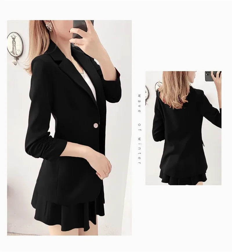 Elegant black blazer and A-line skirt suit for women, featuring a notched collar and single button closure, perfect for formal and office wear.