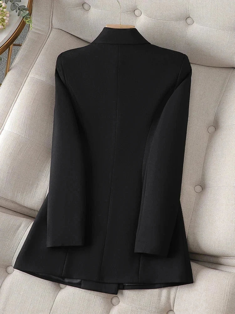 Women's long sleeve black blazer with triple breasted closure, notched collar, and synthetic fabric for a casual look.