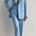 Women's two piece suit, light blue blazer and pants set by Luudidy.