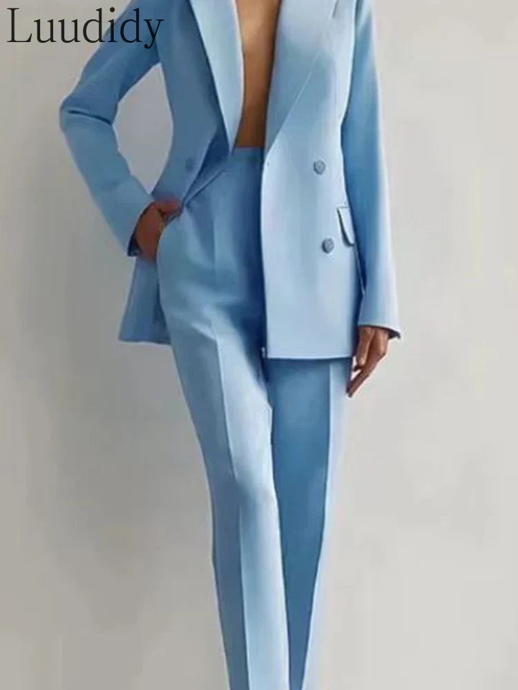 Women's two piece suit, light blue blazer and pants set by Luudidy.