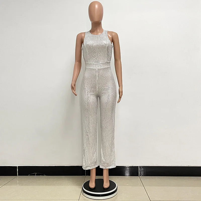 Sleeveless Sequined Jumpsuit Round Neck Slim Fit High Waist Sexy SprinSPECIFICATIONSBrand Name: mandylandyStyle: StreetwearAge: MIDDLE AGEOrigin: Mainland ChinaCN: GuangdongSeason: SummerMaterial: POLYESTERDecoration: SequinedFabric TyDMEwomenstorenull