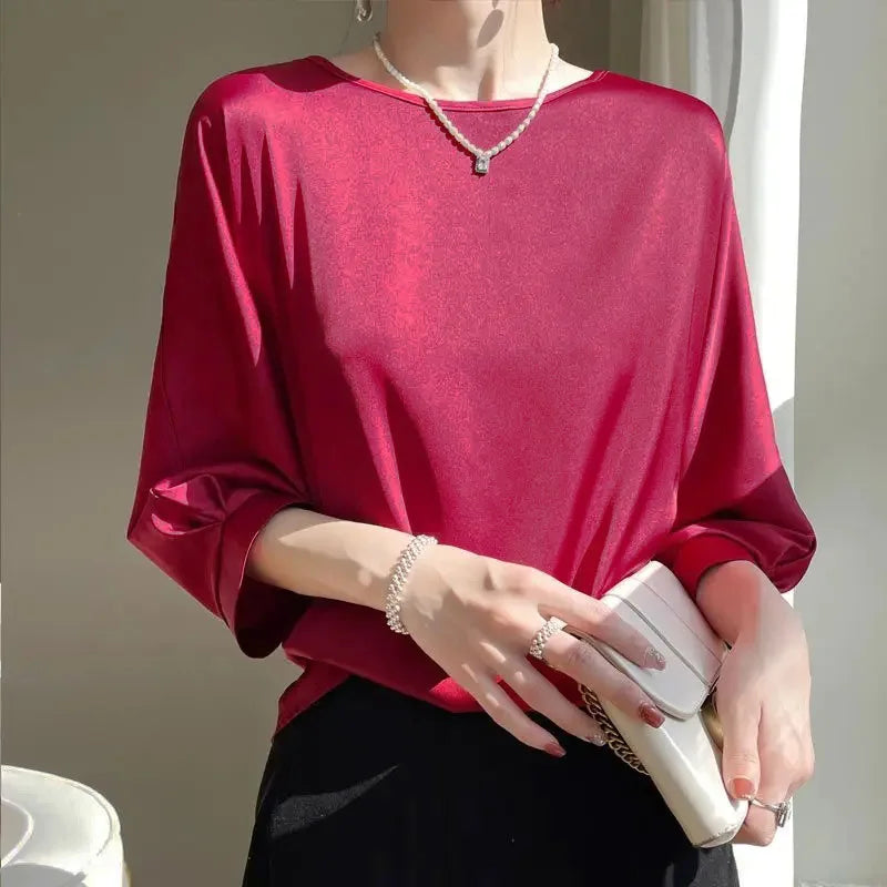 Blouse- Silk Half-Sleeve Tops Basic Solid Women Shirt Casual O-neck