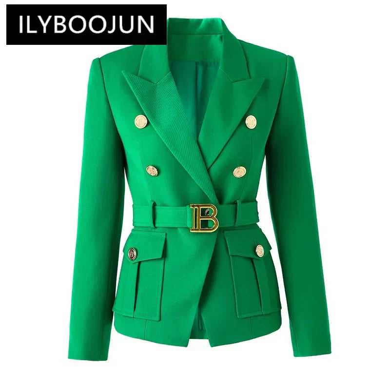 Women's green double-breasted blazer with gold buttons and notched collar.