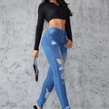 Ankle Length Ripped Hole High Waist Jean Sheath Pencil Denim Pants SkiSPECIFICATIONSBrand Name: kalenmosMaterial: POLYESTERElasticity: Slight StrechFabric Type: CoatedHign-concerned Chemical: NoneLength: Ankle-Length PantsFit Type: SKIDMEwomenstorenull