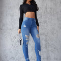 Ankle Length Ripped Hole High Waist Jean Sheath Pencil Denim Pants SkiSPECIFICATIONSBrand Name: kalenmosMaterial: POLYESTERElasticity: Slight StrechFabric Type: CoatedHign-concerned Chemical: NoneLength: Ankle-Length PantsFit Type: SKIDMEwomenstorenull