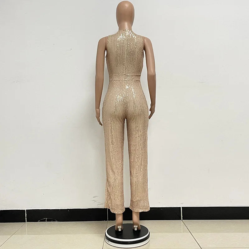 Sleeveless Sequined Jumpsuit Round Neck Slim Fit High Waist Sexy SprinSPECIFICATIONSBrand Name: mandylandyStyle: StreetwearAge: MIDDLE AGEOrigin: Mainland ChinaCN: GuangdongSeason: SummerMaterial: POLYESTERDecoration: SequinedFabric TyDMEwomenstorenull