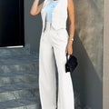 Women's slim notched blazer pant set in ivory, featuring a sleeveless waistcoat and high-stretch broadcloth fabric.