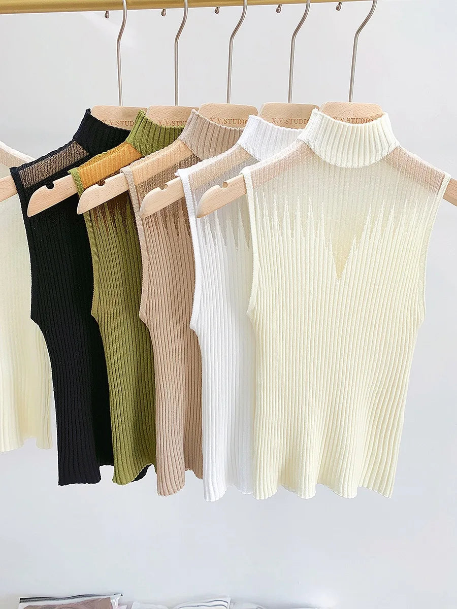 Women Slim Knitted Vests Summer Female Turtleneck Sleeveless Solid StrSPECIFICATIONSBrand Name: moocloundStyle: CasualAge: MIDDLE AGEOrigin: Mainland ChinaCN: JiangsuSeason: Autumn/WinterThickness: StandardDecoration: hollow outMateriaDMEwomenstorenull