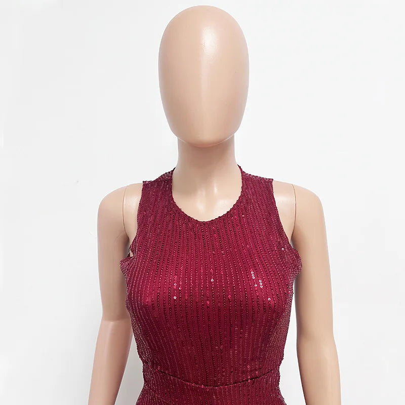 Sleeveless Sequined Jumpsuit Round Neck Slim Fit High Waist Sexy SprinSPECIFICATIONSBrand Name: mandylandyStyle: StreetwearAge: MIDDLE AGEOrigin: Mainland ChinaCN: GuangdongSeason: SummerMaterial: POLYESTERDecoration: SequinedFabric TyDMEwomenstorenull