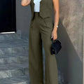 Women's casual slim notched cardigan blazer with waistcoat and high ankle-length pants set in olive green.