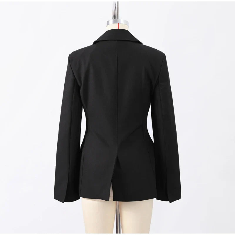 Elegant women's black suit jacket with a slim lapel and single button.