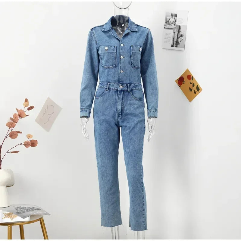 Denim Jumpsuit for Women Overalls Woman Jean Overalls Long Sleeve ElegSPECIFICATIONSBrand Name: NoEnName_NullStyle: StreetwearAge: MIDDLE AGEOrigin: Mainland ChinaCN: GuangdongSeason: Spring/SummerMaterial: POLYESTERDecoration: noneFabDMEwomenstorenull