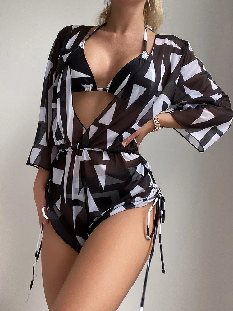 Swimwear- Bikini Set Size Swimsuit Women Long Sleeve Cover Up Print