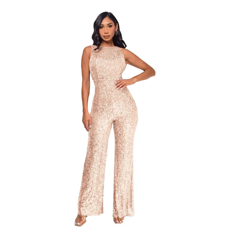 Sleeveless Sequined Jumpsuit Round Neck Slim Fit High Waist Sexy SprinSPECIFICATIONSBrand Name: mandylandyStyle: StreetwearAge: MIDDLE AGEOrigin: Mainland ChinaCN: GuangdongSeason: SummerMaterial: POLYESTERDecoration: SequinedFabric TyDMEwomenstorenull