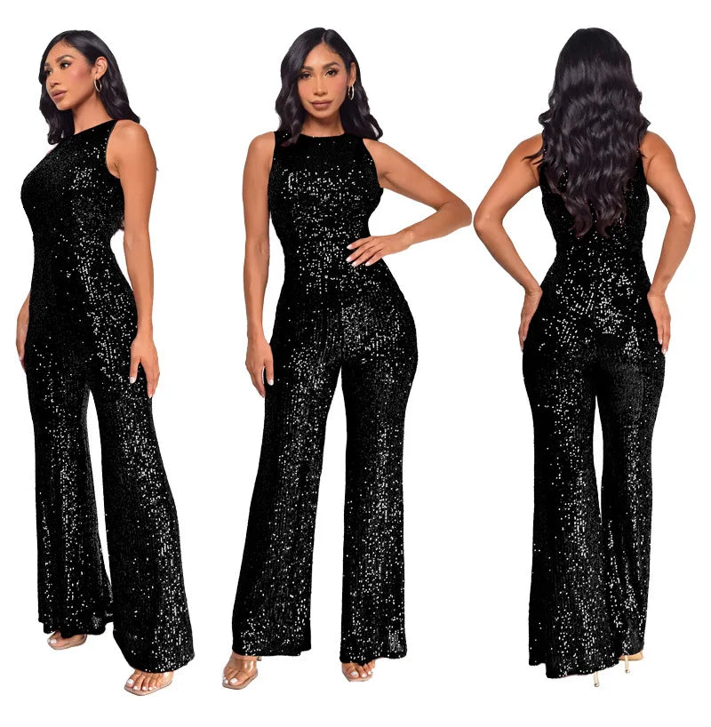 Sleeveless Sequined Jumpsuit Round Neck Slim Fit High Waist Sexy SprinSPECIFICATIONSBrand Name: mandylandyStyle: StreetwearAge: MIDDLE AGEOrigin: Mainland ChinaCN: GuangdongSeason: SummerMaterial: POLYESTERDecoration: SequinedFabric TyDMEwomenstorenull