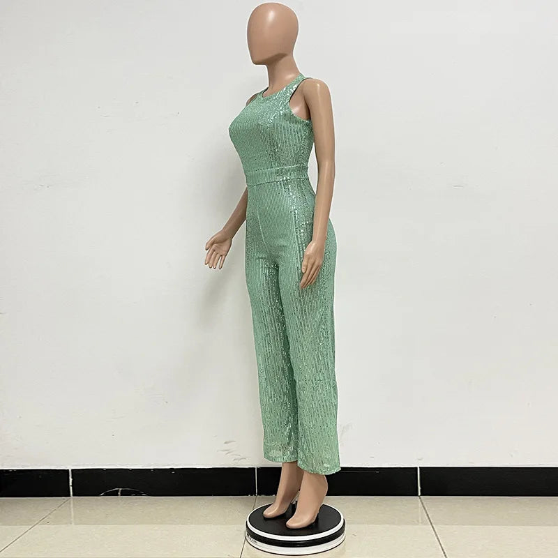 Sleeveless Sequined Jumpsuit Round Neck Slim Fit High Waist Sexy SprinSPECIFICATIONSBrand Name: mandylandyStyle: StreetwearAge: MIDDLE AGEOrigin: Mainland ChinaCN: GuangdongSeason: SummerMaterial: POLYESTERDecoration: SequinedFabric TyDMEwomenstorenull