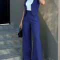 Women's casual slim notched blazer pant set, sleeveless with high-waisted pants in solid blue.