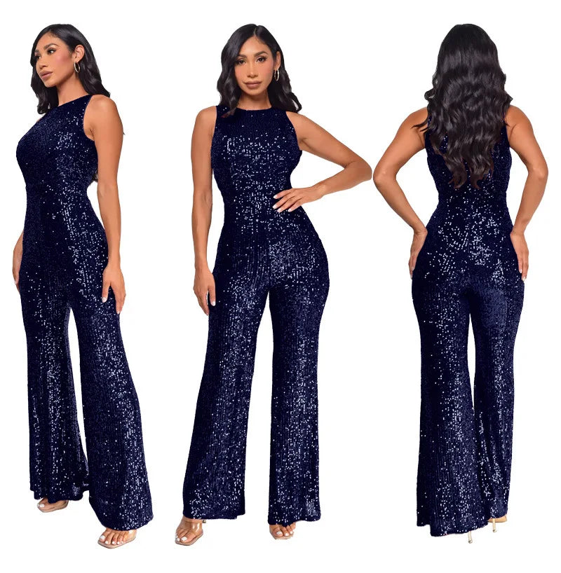 Sleeveless Sequined Jumpsuit Round Neck Slim Fit High Waist Sexy SprinSPECIFICATIONSBrand Name: mandylandyStyle: StreetwearAge: MIDDLE AGEOrigin: Mainland ChinaCN: GuangdongSeason: SummerMaterial: POLYESTERDecoration: SequinedFabric TyDMEwomenstorenull