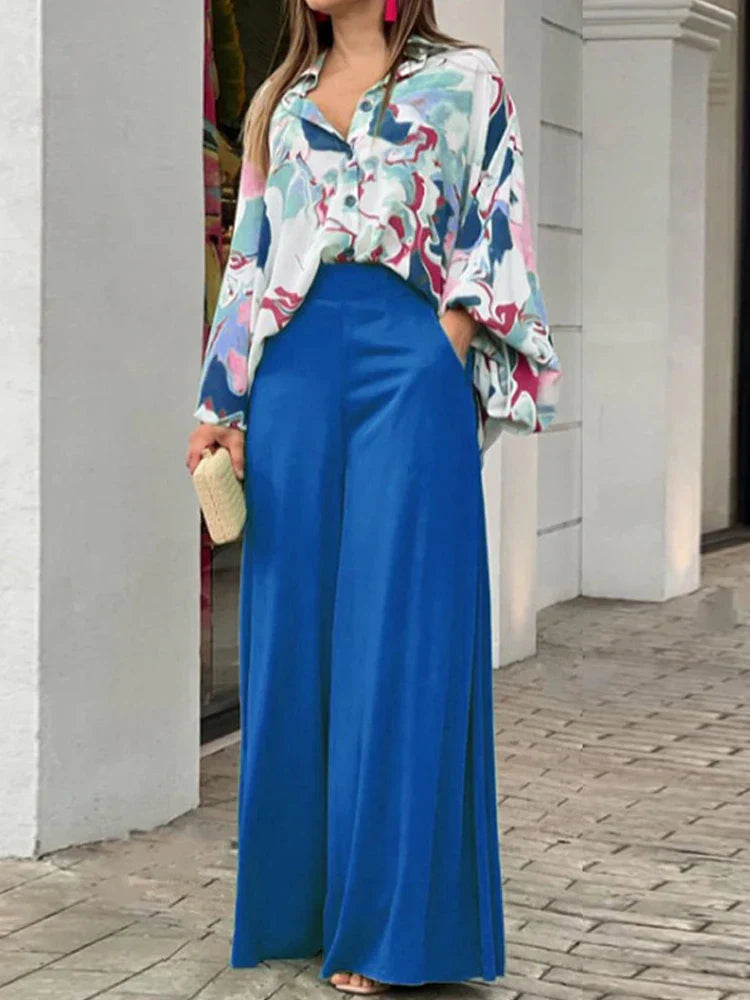 2-Pieces Set Print Blouse Solid High Waist Wide Leg Pants Elegant Lady