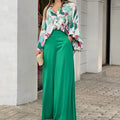 2-Pieces Set Print Blouse Solid High Waist Wide Leg Pants Elegant Lady