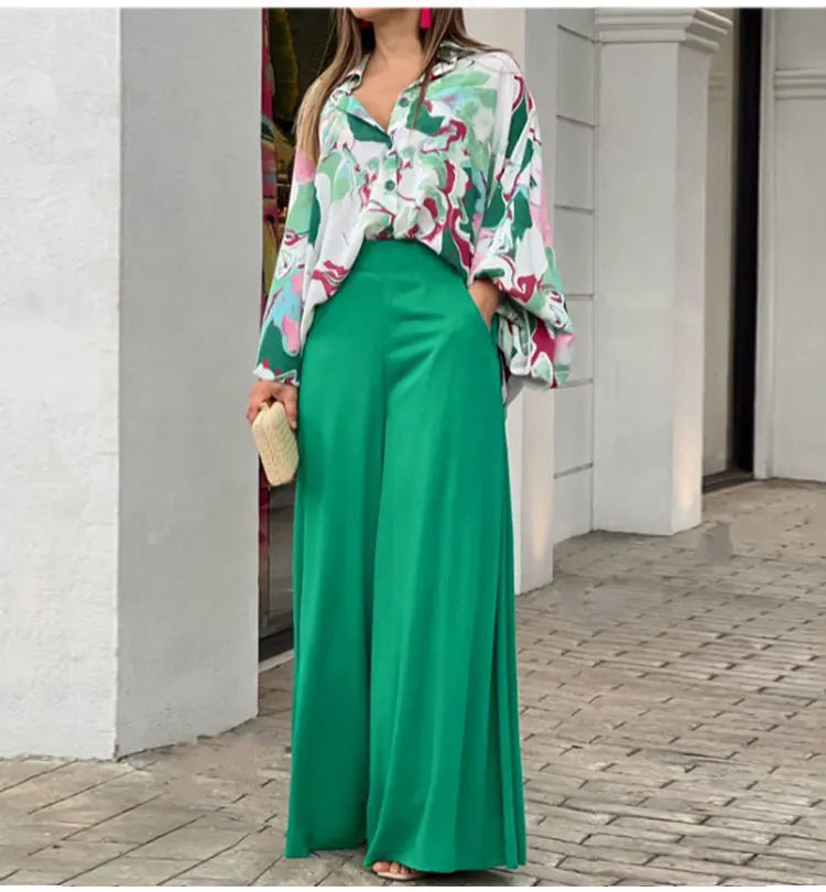 2-Pieces Set Print Blouse Solid High Waist Wide Leg Pants Elegant Lady