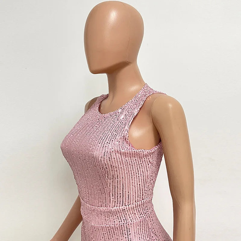 Sleeveless Sequined Jumpsuit Round Neck Slim Fit High Waist Sexy SprinSPECIFICATIONSBrand Name: mandylandyStyle: StreetwearAge: MIDDLE AGEOrigin: Mainland ChinaCN: GuangdongSeason: SummerMaterial: POLYESTERDecoration: SequinedFabric TyDMEwomenstorenull