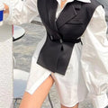 Women's trendy coat top two-piece with contrast color design, casual style, and loose fit.