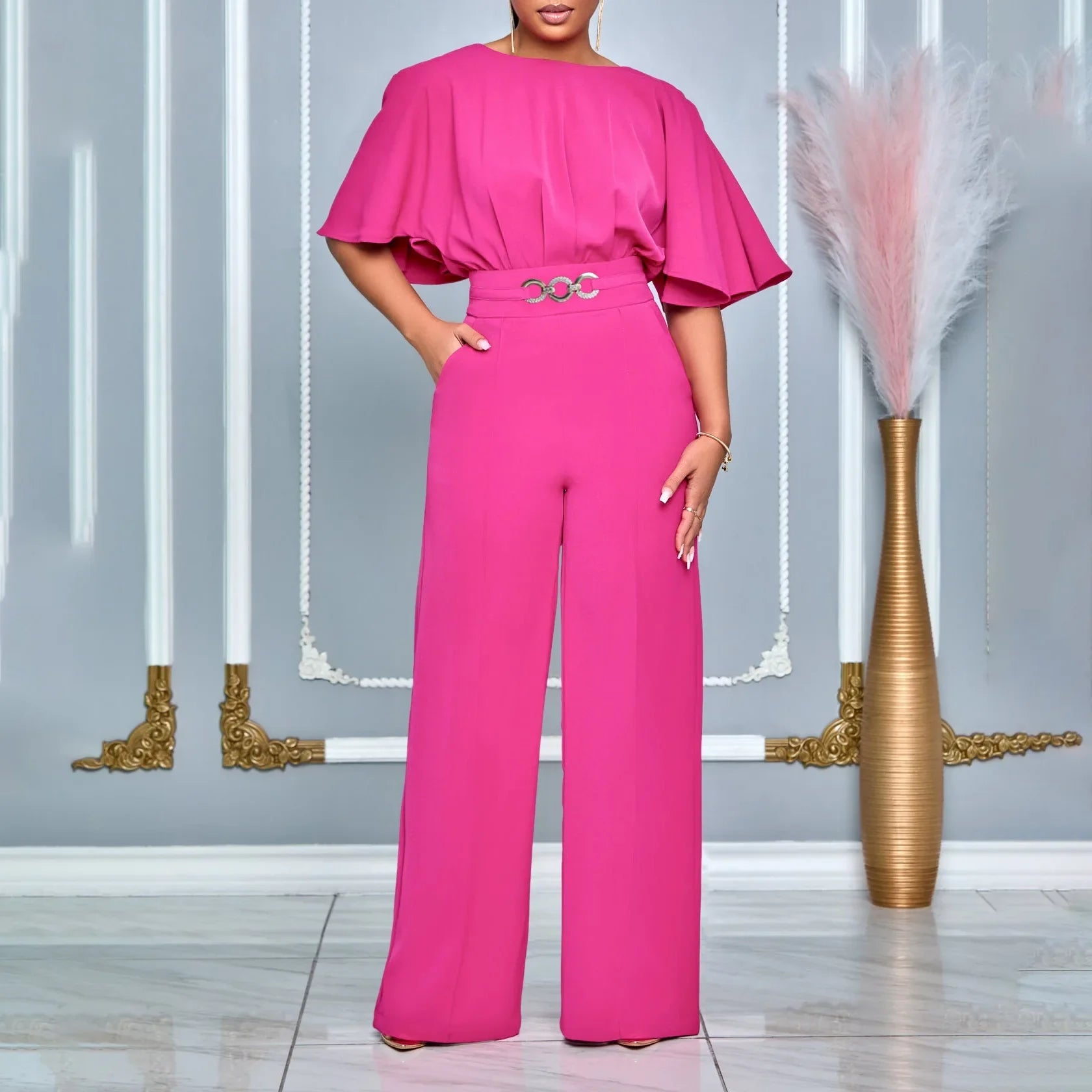 Jumpsuits Women Elegant Luxury O Neck Short Sleeve Belt Waisted StraigSPECIFICATIONSBrand Name: NoEnName_NullStyle: Office LadyAge: MIDDLE AGEOrigin: Mainland ChinaCN: GuangdongSeason: All seasonMaterial: POLYESTERDecoration: sashesFabDMEwomenstorenull