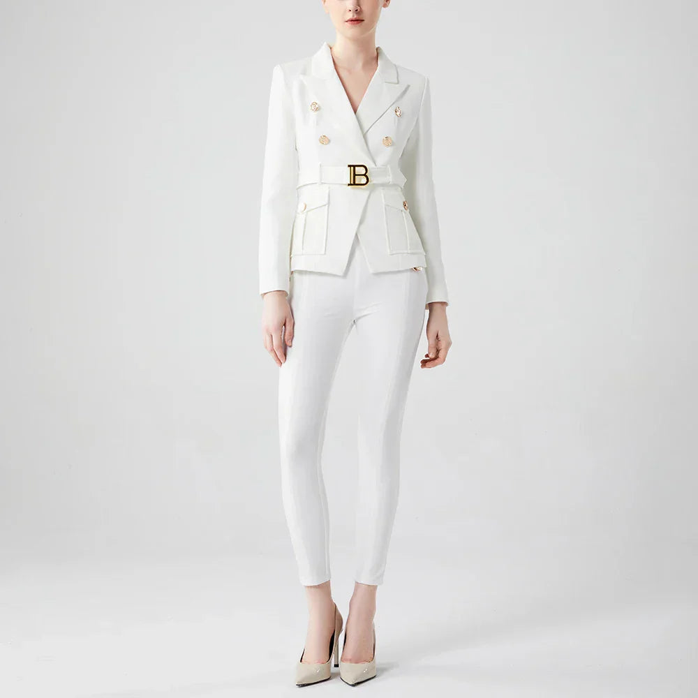 Luxury white women's double-breasted blazer with belt and pocket detailing, classic office style.