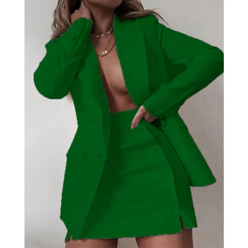 Jacket Sets - Women's 2 Piece Streetwear Blazer & Coat Set, Skirt and Suit