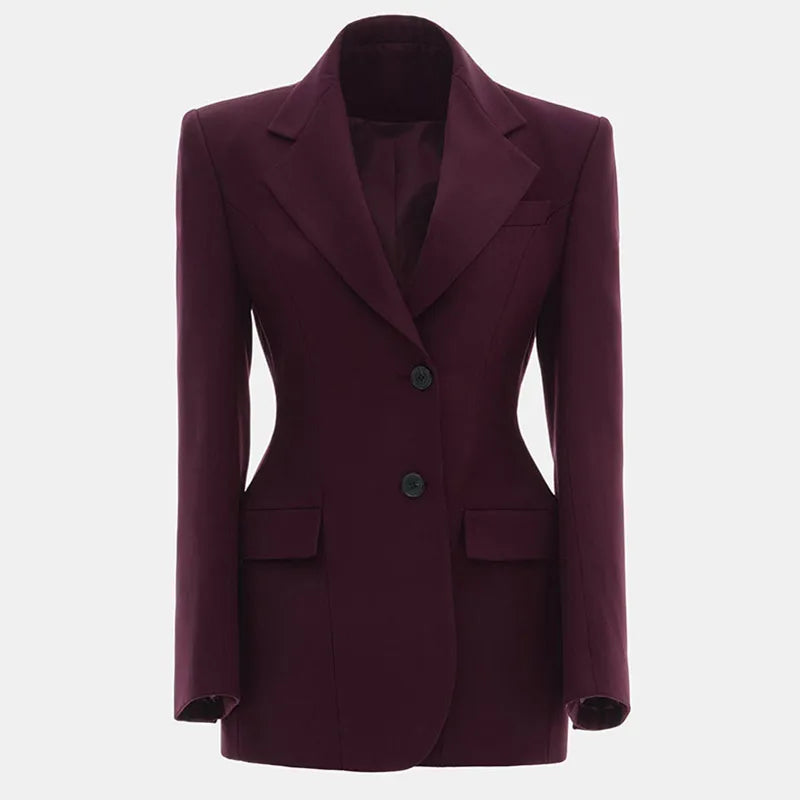 Elegant women's black suit jacket with slim lapel and single button, long sleeves, perfect office blazer.