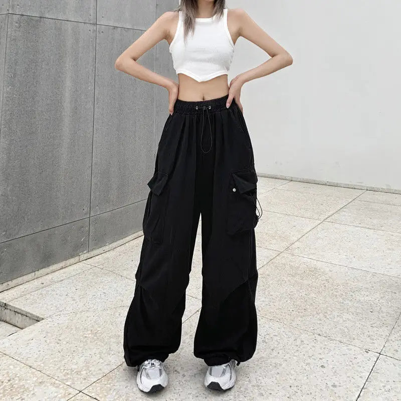 Cargo Pants Spring Elastic Waist Solid Color Pockets Wide Leg Trouser SPECIFICATIONSBrand Name: NoEnName_NullMaterial: POLYESTEROrigin: Mainland ChinaCN: JiangxiClosure Type: DrawstringGender: WOMENItem Type: full lengthSport Type: RunDMEwomenstorenull