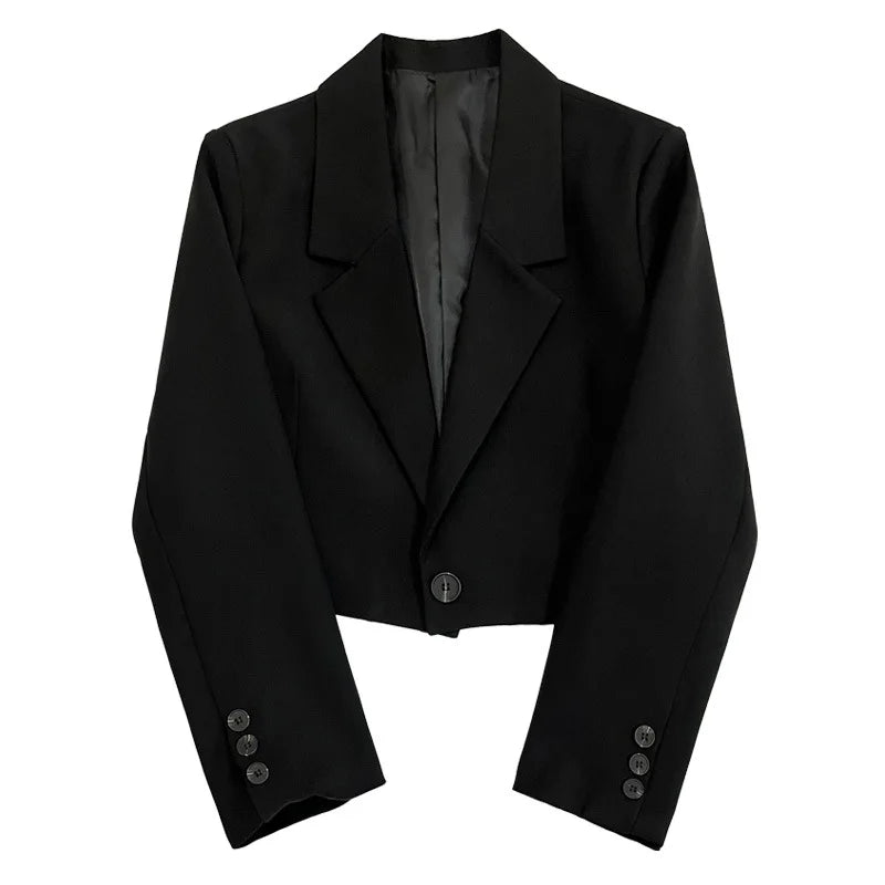 Women's loose solid color short suit jacket with notched collar and single button closure.