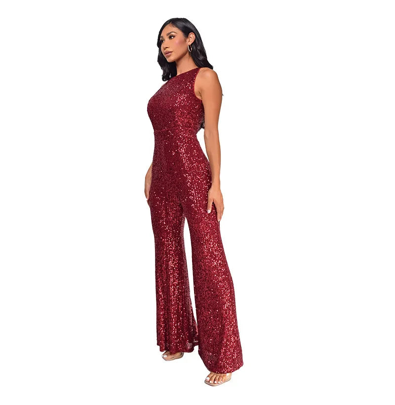 Sleeveless Sequined Jumpsuit Round Neck Slim Fit High Waist Sexy SprinSPECIFICATIONSBrand Name: mandylandyStyle: StreetwearAge: MIDDLE AGEOrigin: Mainland ChinaCN: GuangdongSeason: SummerMaterial: POLYESTERDecoration: SequinedFabric TyDMEwomenstorenull