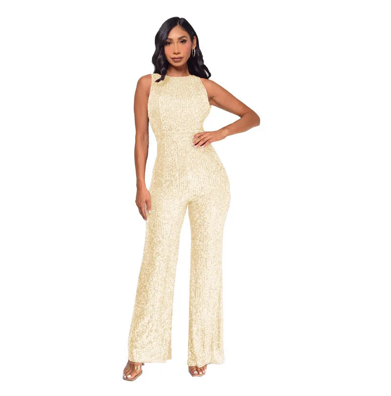 Sleeveless Sequined Jumpsuit Round Neck Slim Fit High Waist Sexy SprinSPECIFICATIONSBrand Name: mandylandyStyle: StreetwearAge: MIDDLE AGEOrigin: Mainland ChinaCN: GuangdongSeason: SummerMaterial: POLYESTERDecoration: SequinedFabric TyDMEwomenstorenull