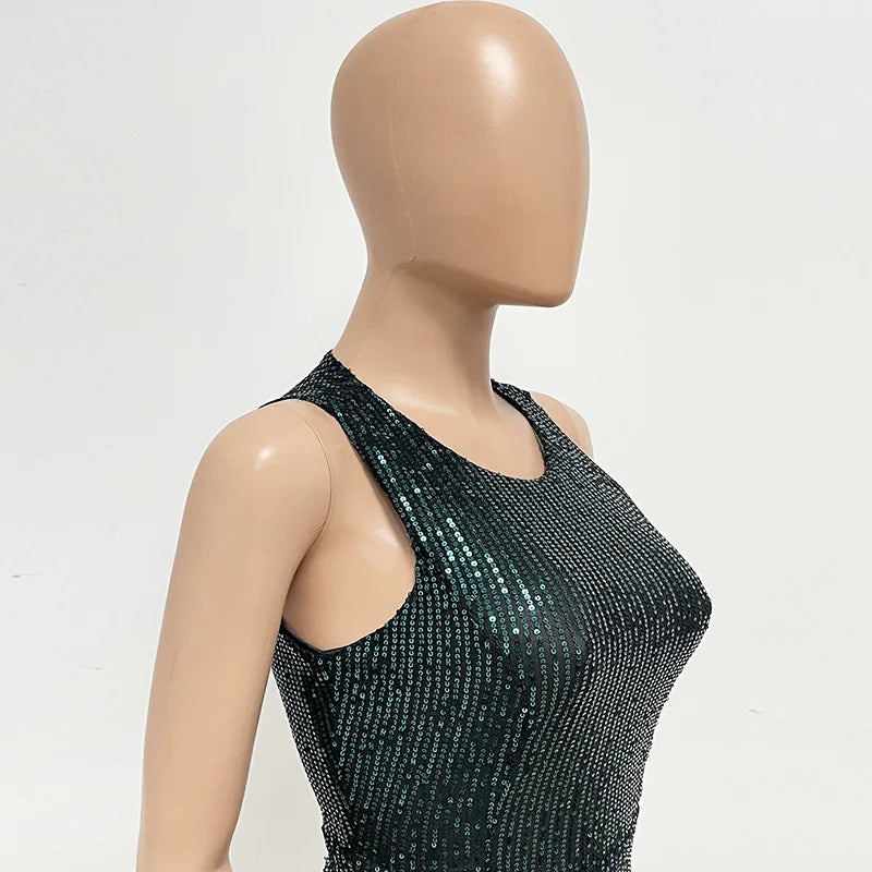 Sleeveless Sequined Jumpsuit Round Neck Slim Fit High Waist Sexy SprinSPECIFICATIONSBrand Name: mandylandyStyle: StreetwearAge: MIDDLE AGEOrigin: Mainland ChinaCN: GuangdongSeason: SummerMaterial: POLYESTERDecoration: SequinedFabric TyDMEwomenstorenull