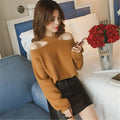 Top- Women's Casual Solid Loose Sweaters Female Sexy Halter Slash