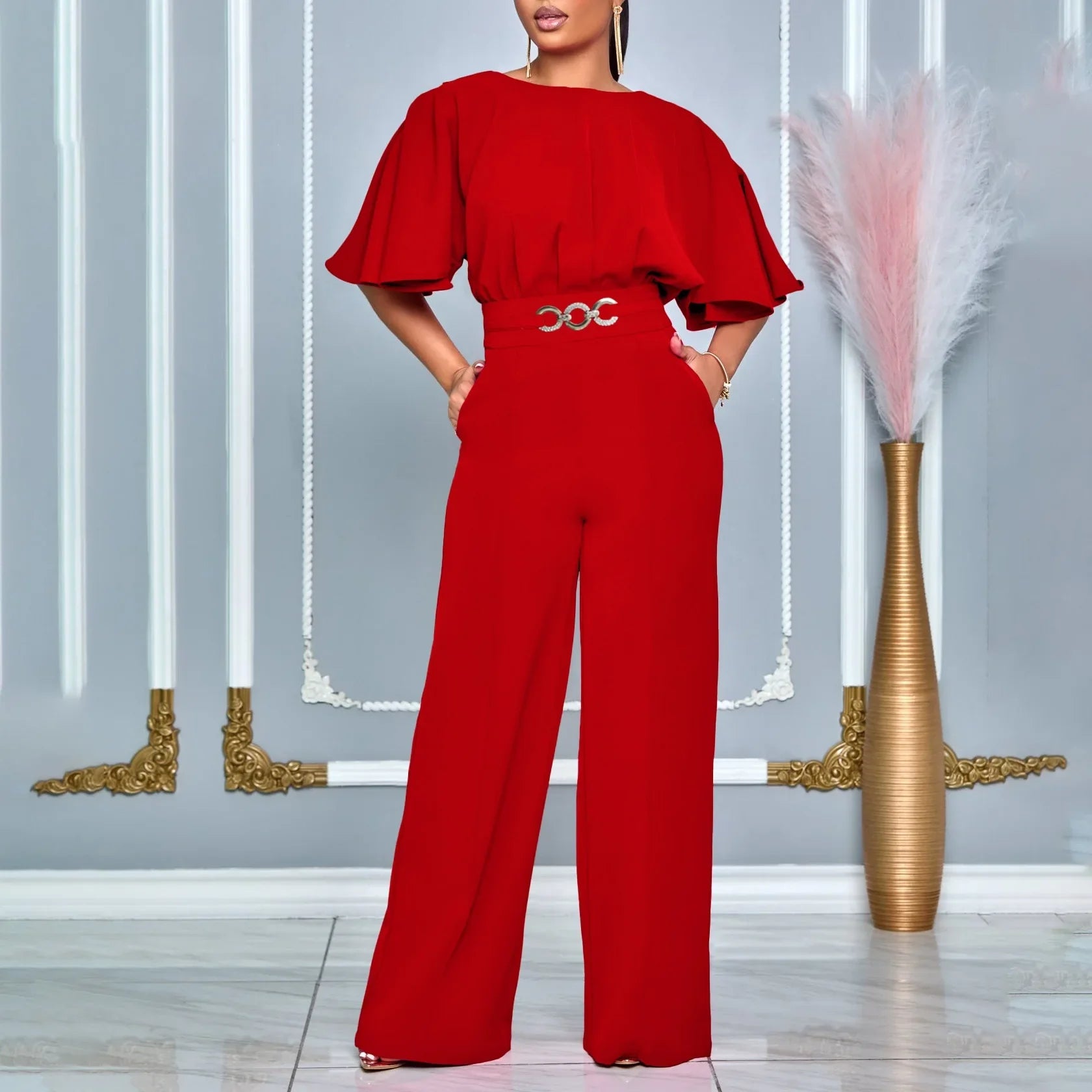 Jumpsuits Women Elegant Luxury O Neck Short Sleeve Belt Waisted StraigSPECIFICATIONSBrand Name: NoEnName_NullStyle: Office LadyAge: MIDDLE AGEOrigin: Mainland ChinaCN: GuangdongSeason: All seasonMaterial: POLYESTERDecoration: sashesFabDMEwomenstorenull