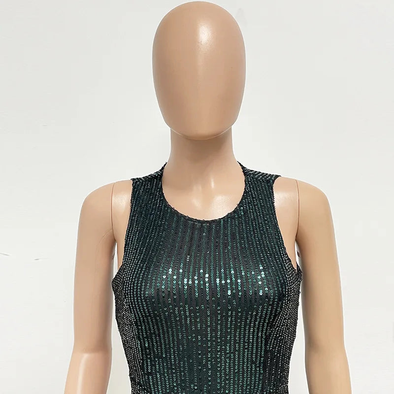 Sleeveless Sequined Jumpsuit Round Neck Slim Fit High Waist Sexy SprinSPECIFICATIONSBrand Name: mandylandyStyle: StreetwearAge: MIDDLE AGEOrigin: Mainland ChinaCN: GuangdongSeason: SummerMaterial: POLYESTERDecoration: SequinedFabric TyDMEwomenstorenull