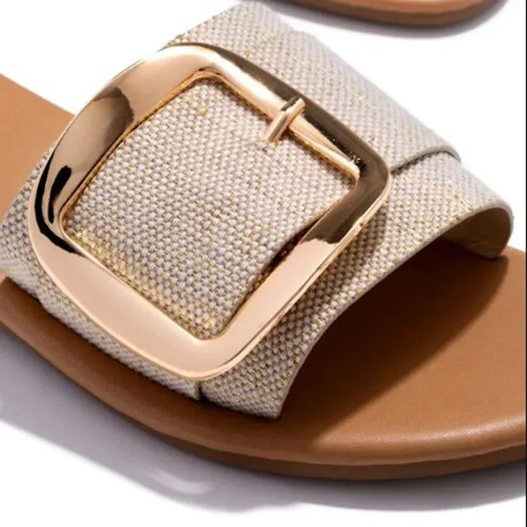 New Women Slippers Fashion Upper Buckle Decoration Flat Heel Peep Toe SPECIFICATIONSBrand Name: zonnebloemShoes Type: basicApplicable Place: OutsideUpper Material: CANVASClosure Type: Pull OnDepartment Name: ADULTOutsole Material: RUBBDMEwomenstorenull